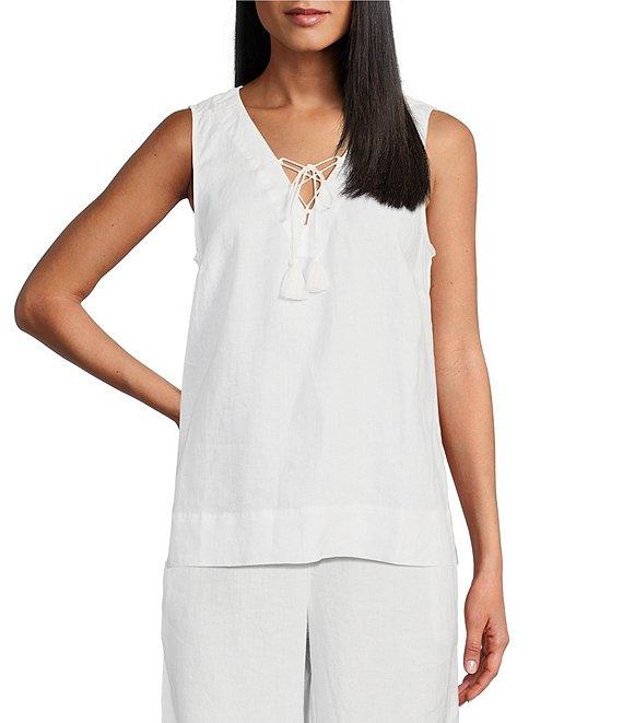 Tommy Bahama Coastalina Solid Linen Plain Weave V-Neck Sleeveless Tassel Tie Tank Product Image