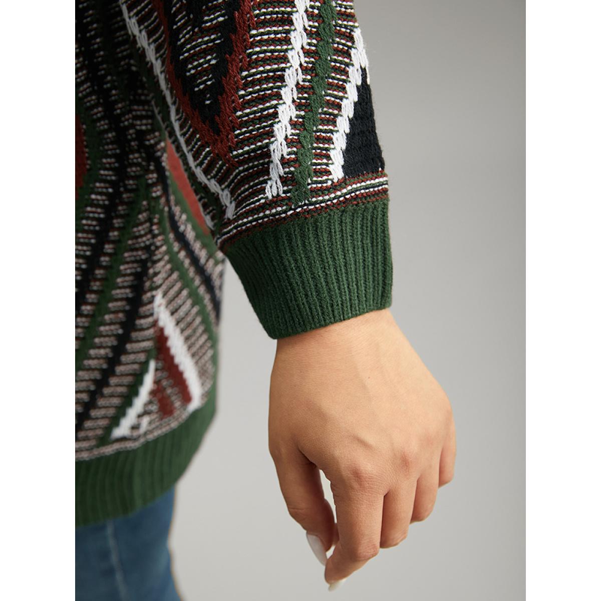 Plus Size Geometric Contrast Open Front Cardigan DarkGreen Women Casual Loose Long Sleeve Dailywear Cardigans BloomChic 12/L Product Image