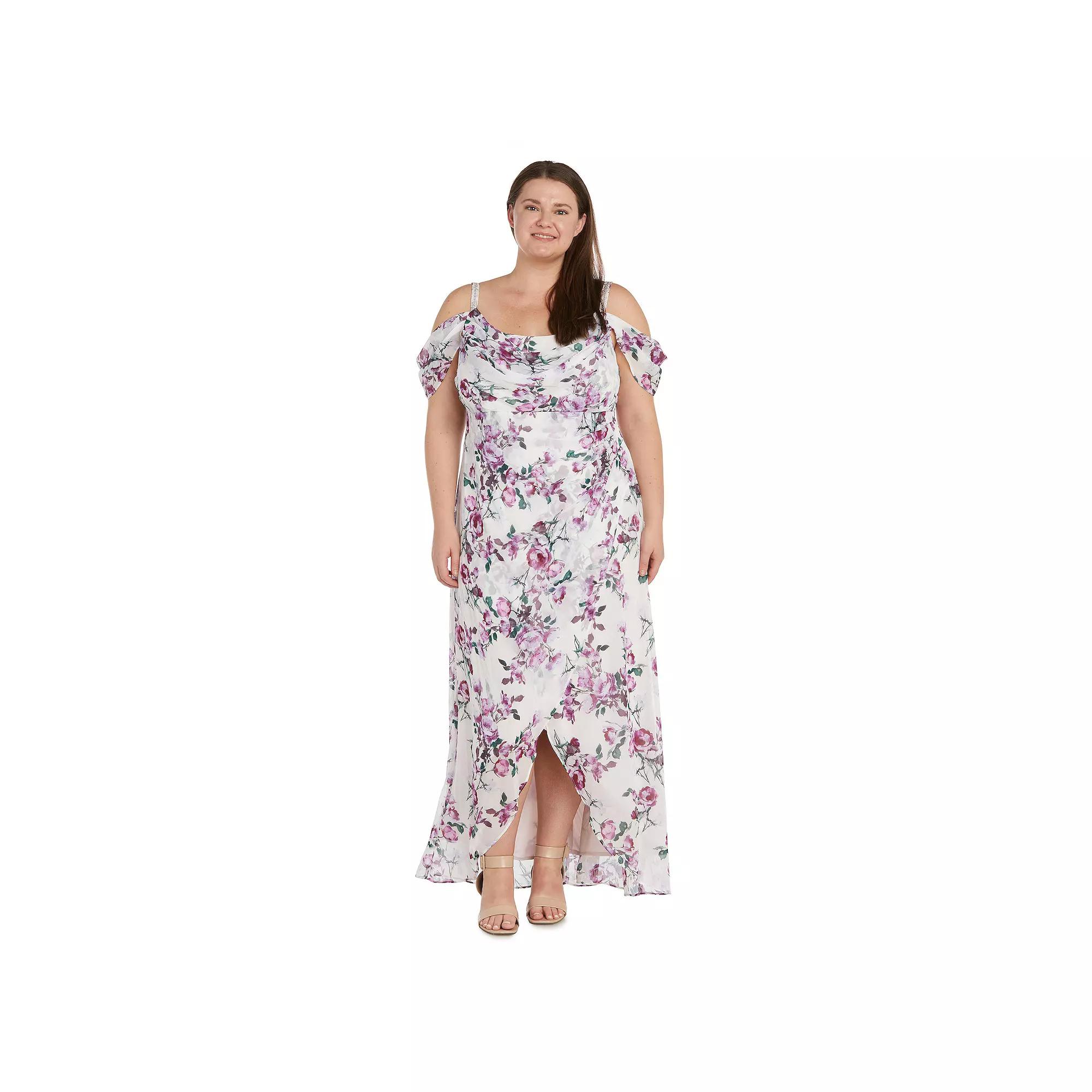 Plus Size R&M Richards Printed Hi-Lo Cowl Neck Chiffon Dress, Women's, Size: 20 W, Ivory Lilac Product Image