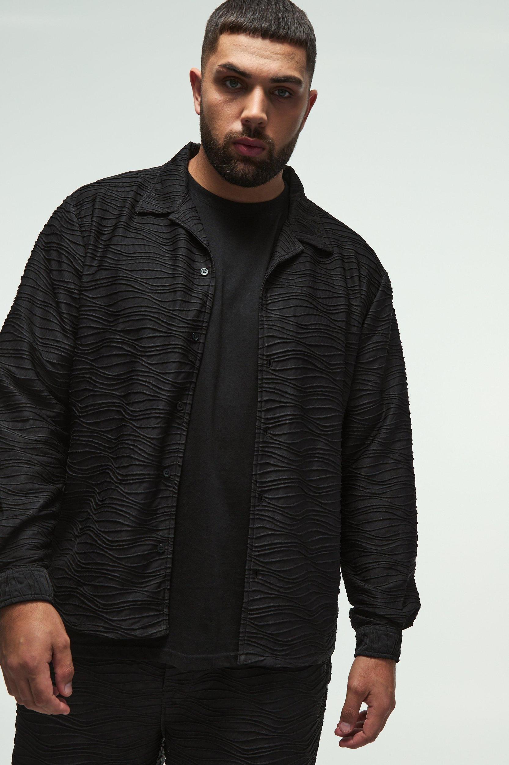 Plus Elevated Pleated Shirt and Straight Fit Pants Set in Black | boohooMAN USA Product Image