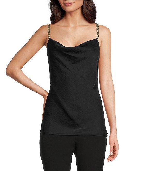 KARL LAGERFELD PARIS Solid Cowl Neck Sleeveless Hardware Strap Detail Tank Product Image