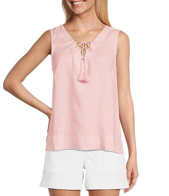 Tommy Bahama Coastalina Solid Linen Plain Weave V-Neck Sleeveless Tassel Tie Tank Product Image