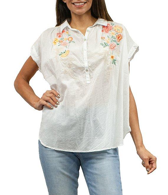 Karyn Seo Anni Cotton Embroidered Point Collar Short Sleeve Blouse Product Image