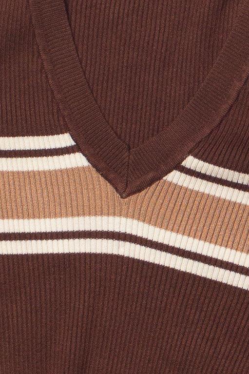 Ribbed V Neck Stripe Sweater Product Image
