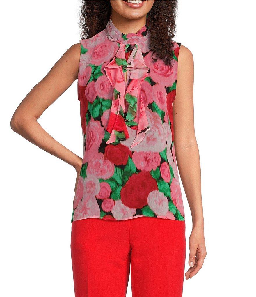 KARL LAGERFELD PARIS Chiffon Floral Print Mock Tie Neck Sleeveless Blouse Product Image