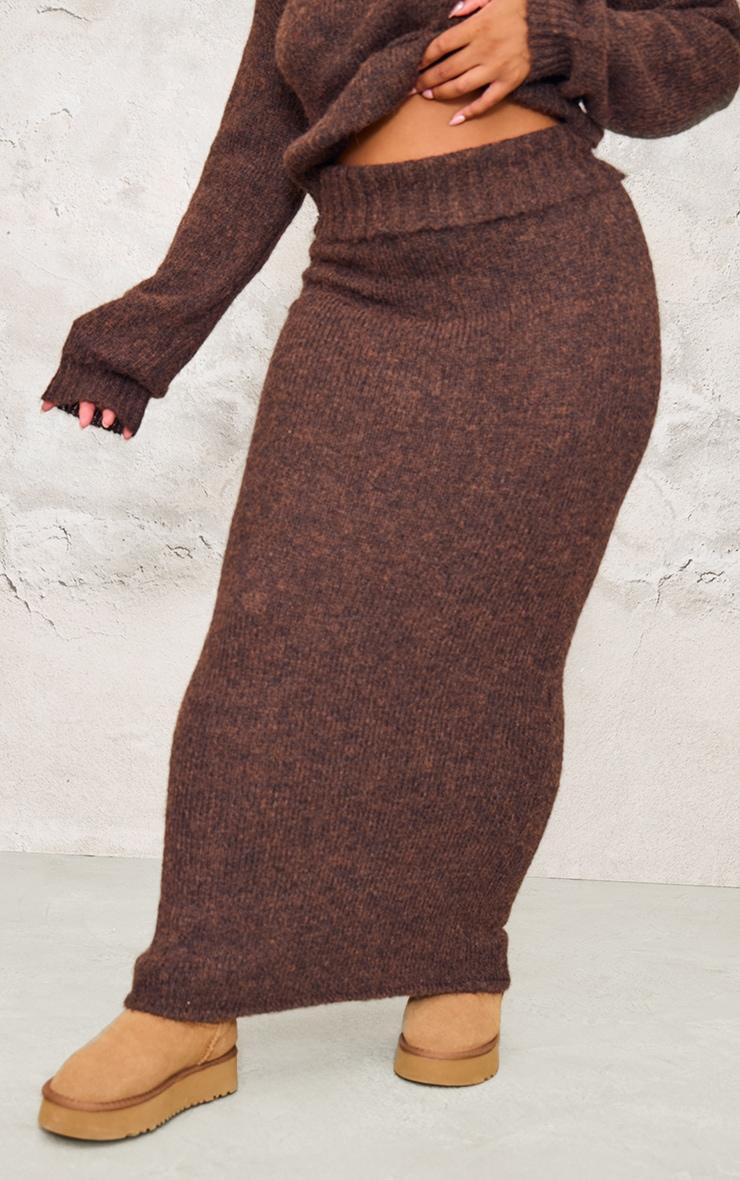 Plus Chocolate Marl Knit Foldover Maxi Skirt Product Image