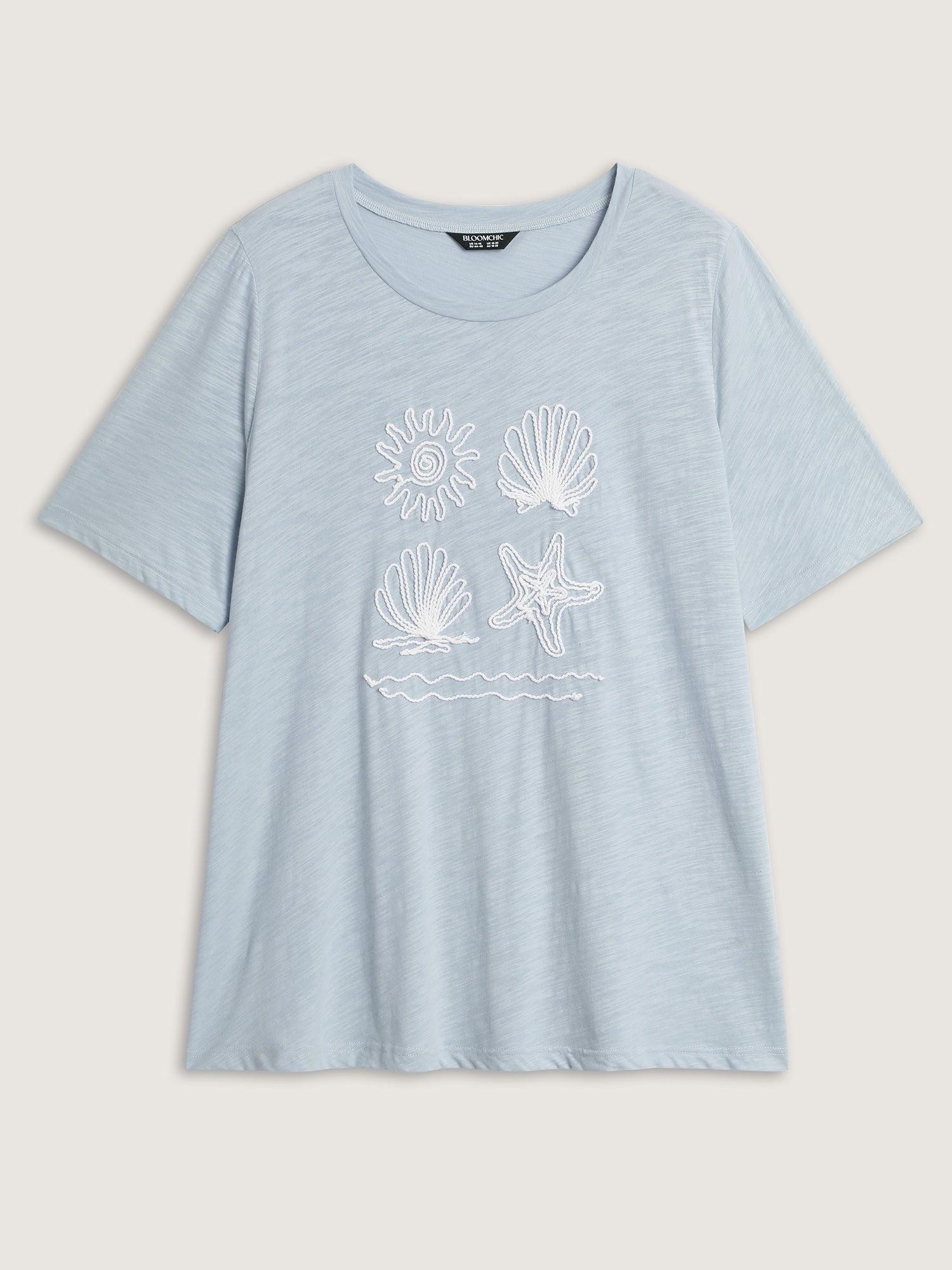 Pure Cotton Ocean Embroidered Stretchy T-Shirt Female Product Image