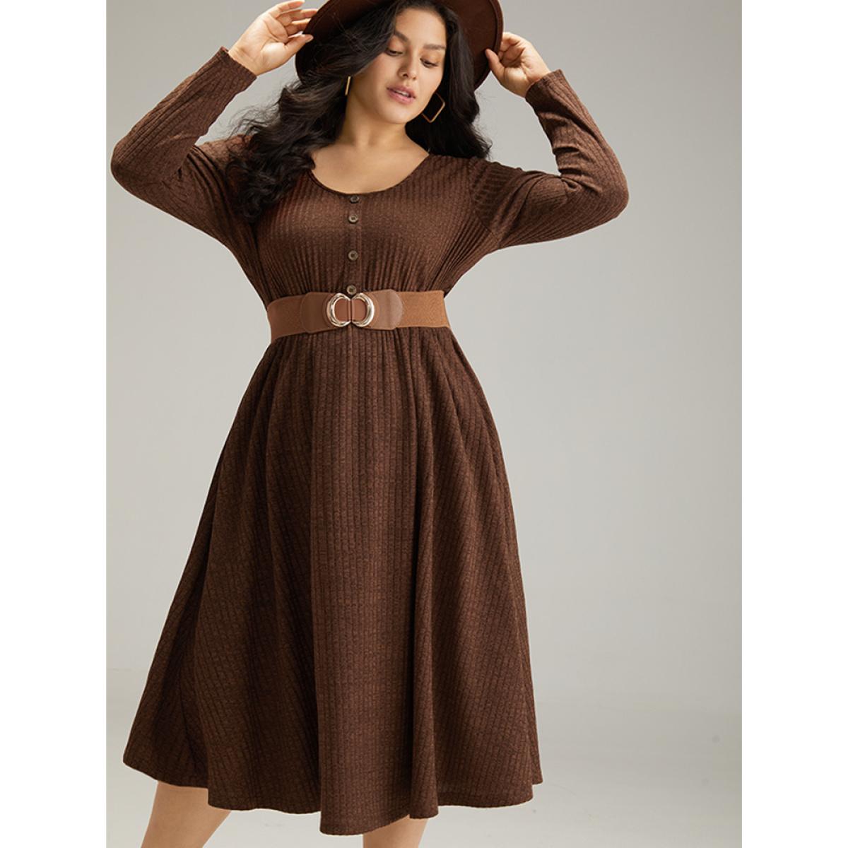 Plus Size Rib Knit Button Detail Gathered Dress DarkBrown Women Casual Texture Round Neck Long Sleeve Curvy Midi Dress BloomChic 12/L Product Image