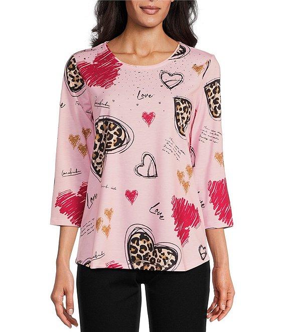 Allison Daley Leopard Hearts Print 3/4 Sleeve Crew Neck Knit Top Product Image