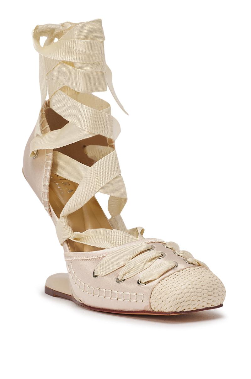 AKIRA GOLD TENDU IVORY BALLET LACE UP NOVELTY HEEL PUMP Product Image