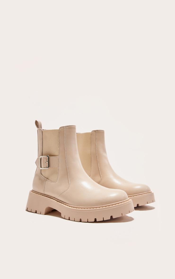 Cream PU Round Toe Chunky Sole Ankle Boots Product Image