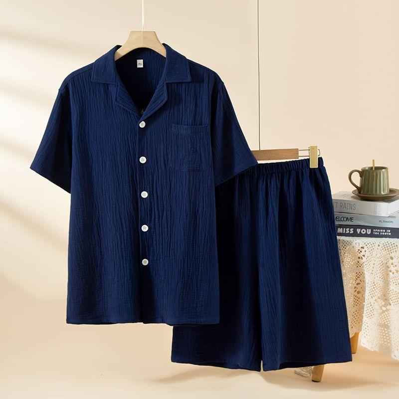 Pajama Set: Short-Sleeve Lapel Collar Plain Button Top + Lounge Shorts Product Image