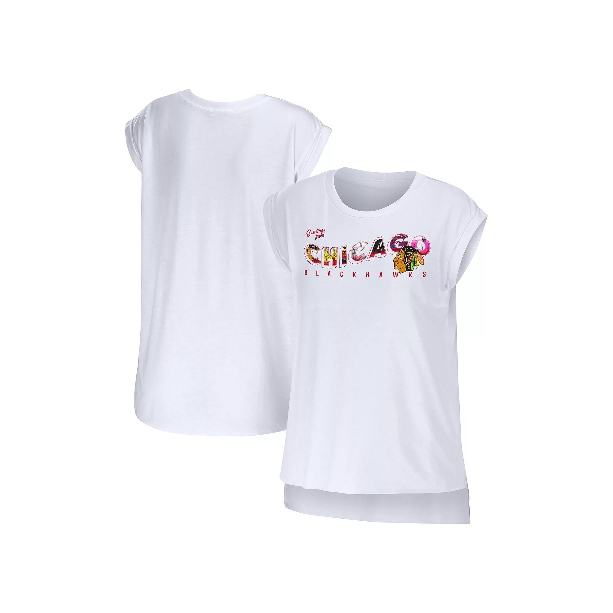 Women's WEAR by Erin Andrews White Chicago Blackhawks Greetings From Muscle T-Shirt,  Product Image