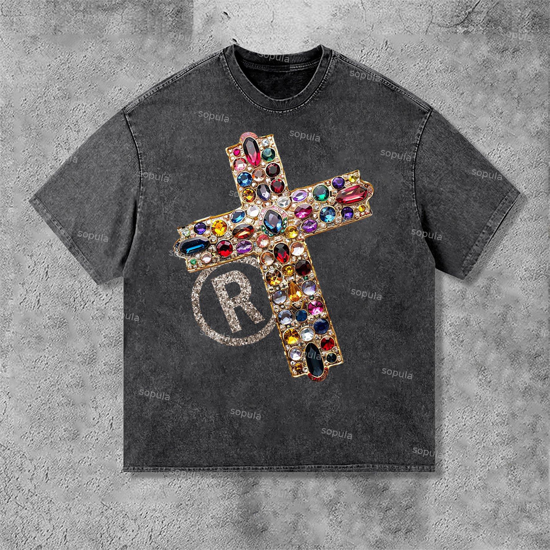 Diamond Cross Graphic Print Casual Acid Washed T-Shirt Product Image