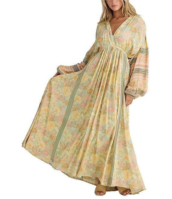 Talisman Pharoah Woven V-Neck Long Sleeve Floral Lace Insert Maxi Dress Product Image