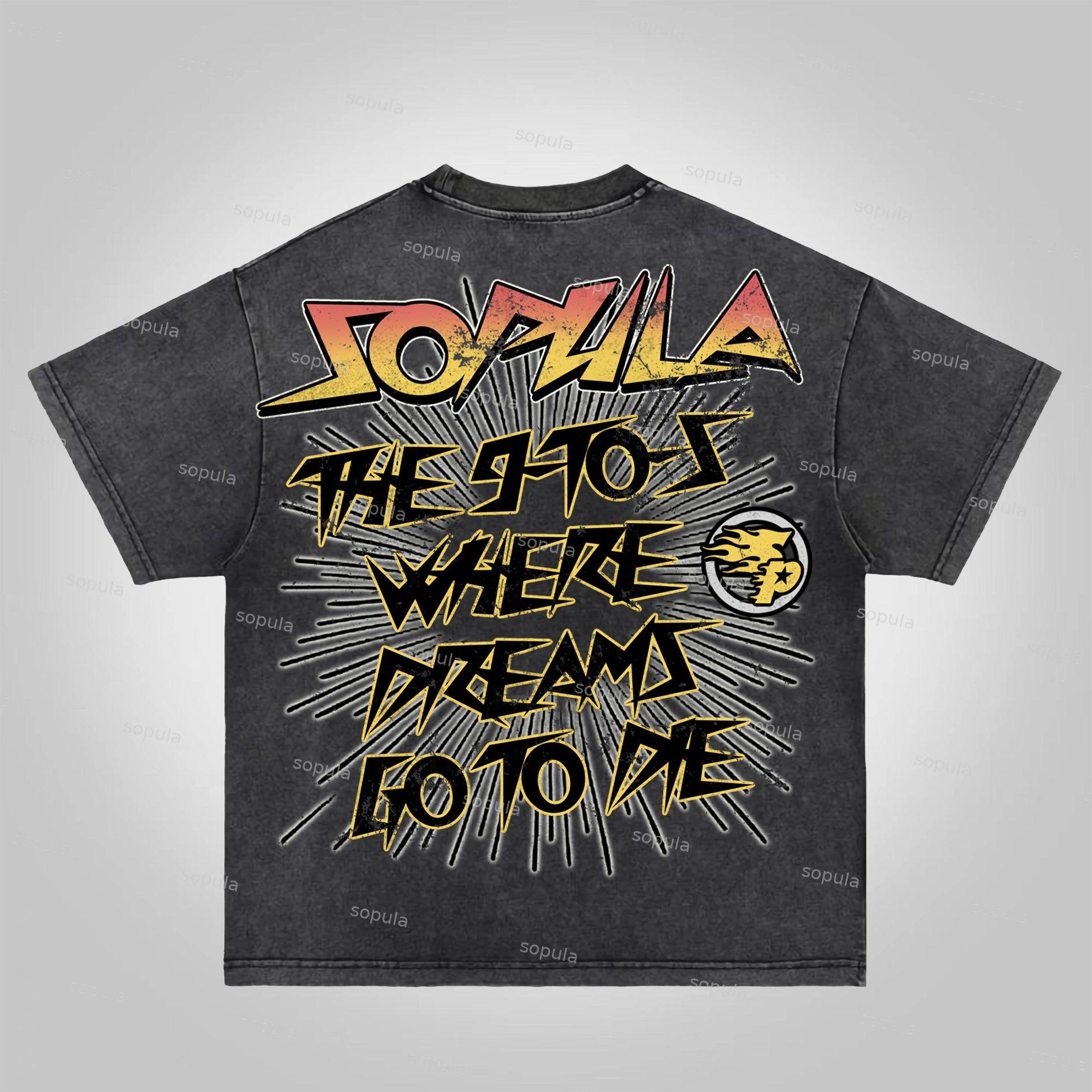 Sopula The 9-To-5, Where Dreams Go To Die Vintage Skull Graphics Acid Washed T-Shirt Product Image