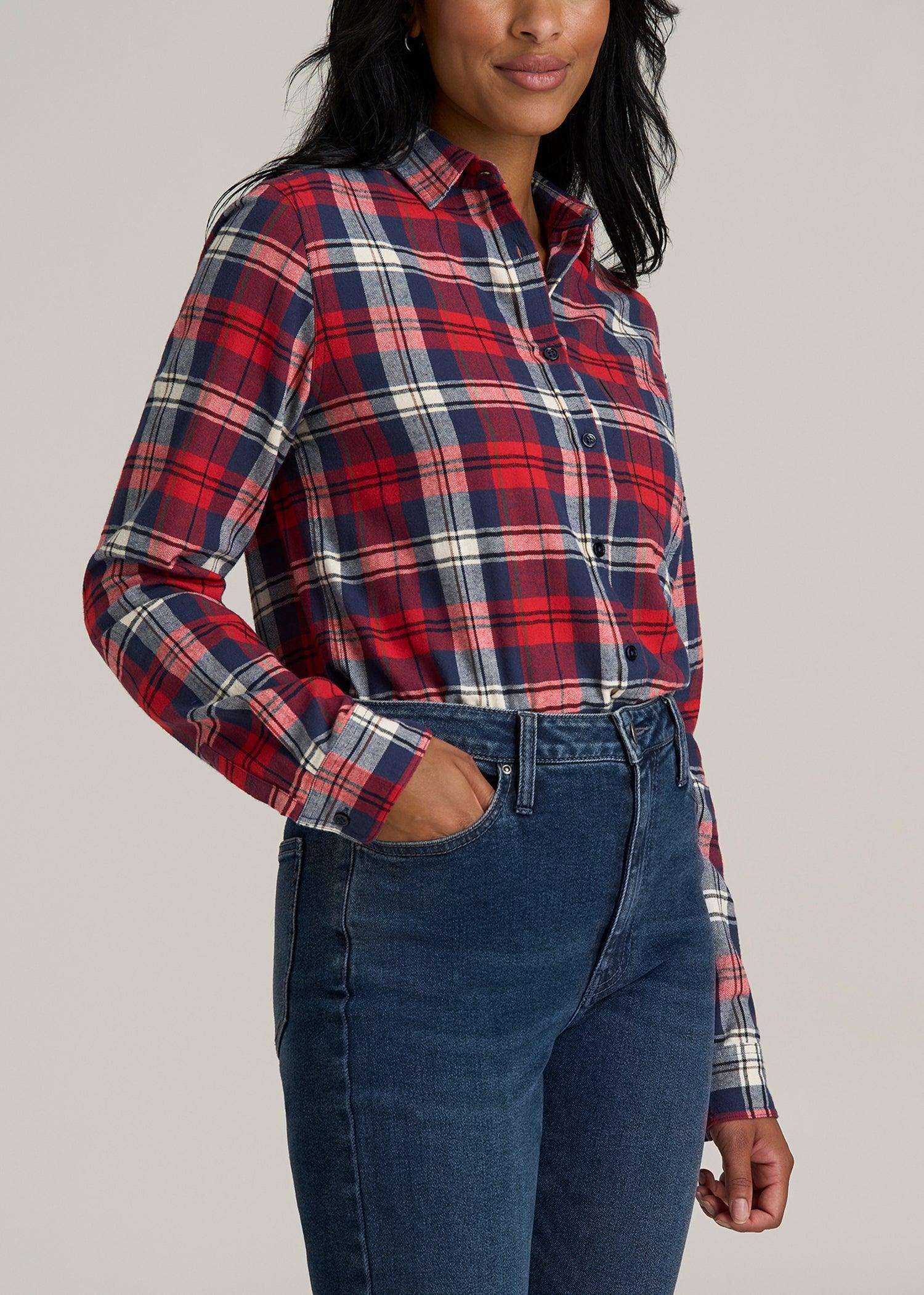 Flannel Button-Up Shirt for Tall Women in Rich Red Plaid Product Image