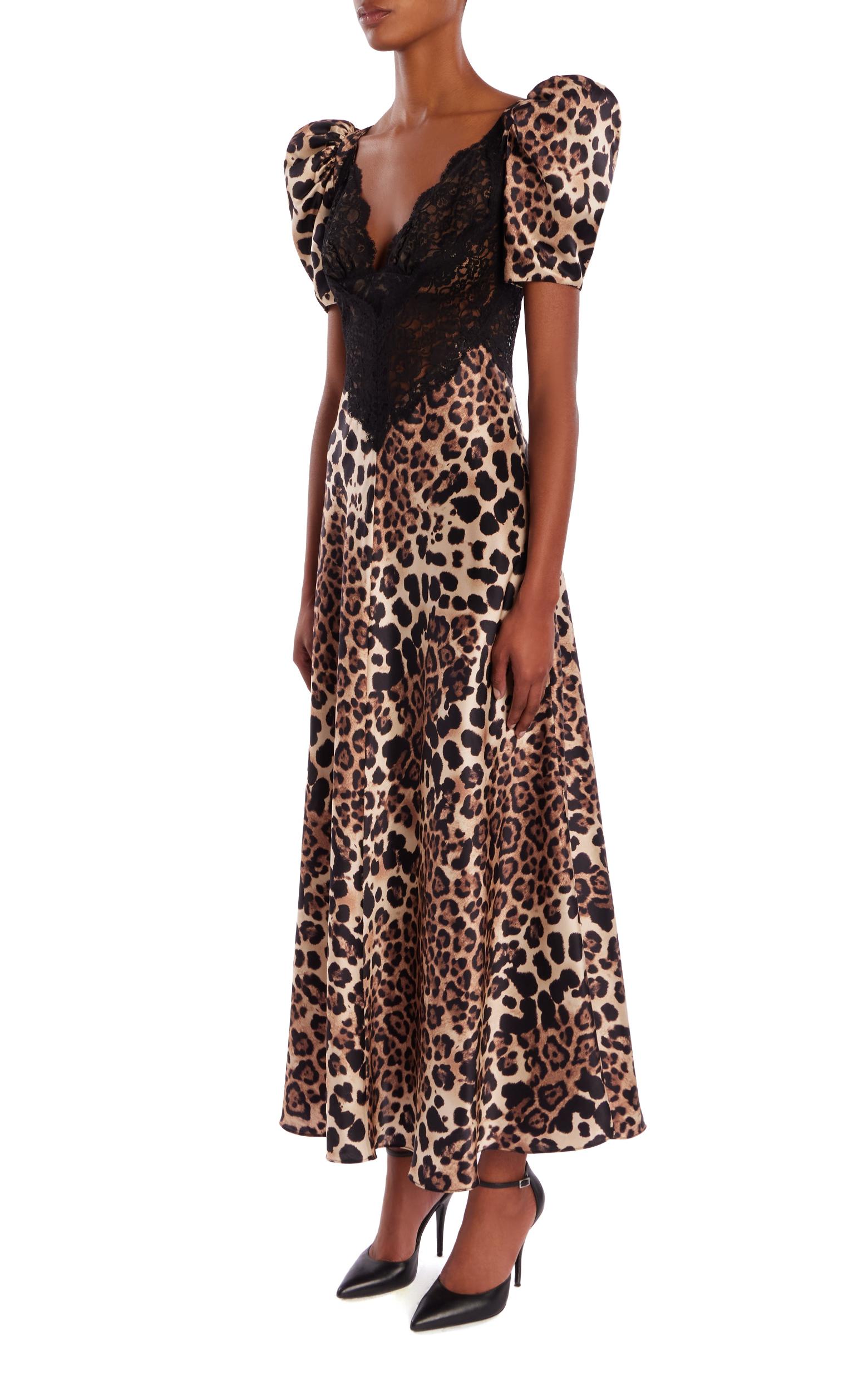 Leopard Printed Silk Satin Bias Dress With Black Lace Bodice Detail Product Image