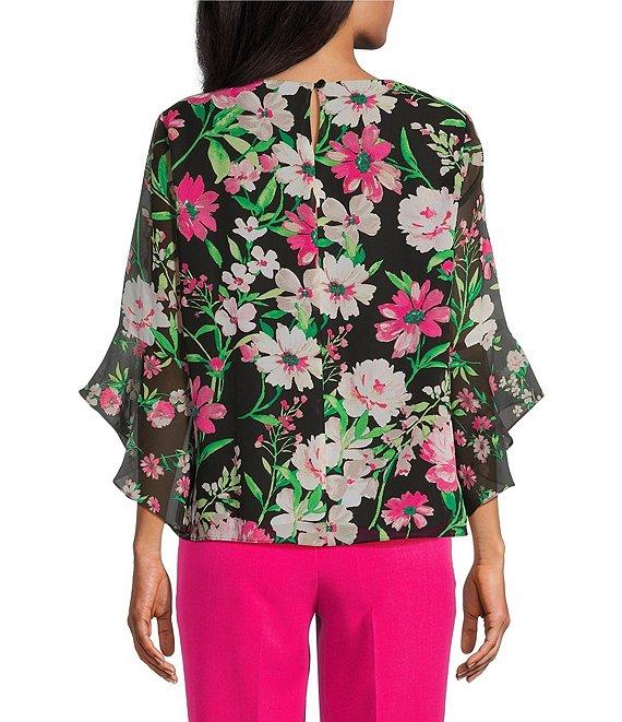 Kasper Crew Neck 3/4 Ruffle Sleeve Woven Floral Print Blouse Product Image