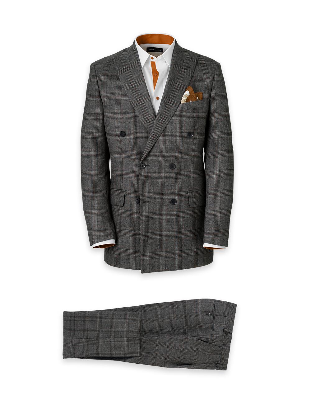 Wool Plaid Double Breasted Peak Lapel Suit - Charcoal Product Image