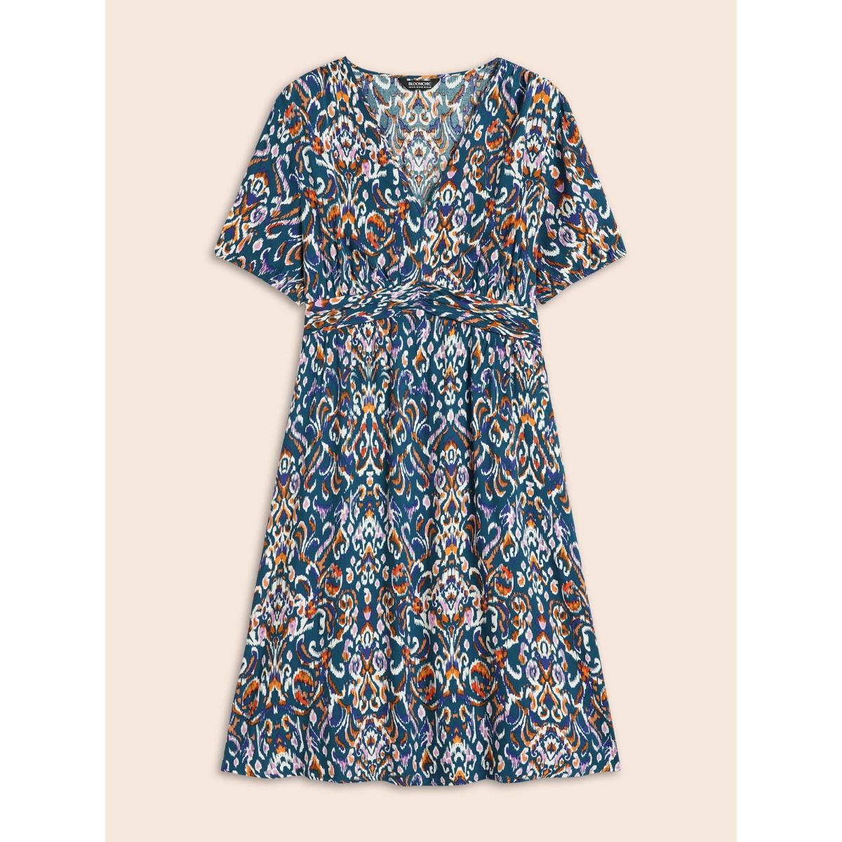 Plus Size Bandana Print V Neck Shirred Gathered Dress Aegean Women Elegant Gathered V-neck Short sleeve Curvy BloomChic 22-24/3X Product Image