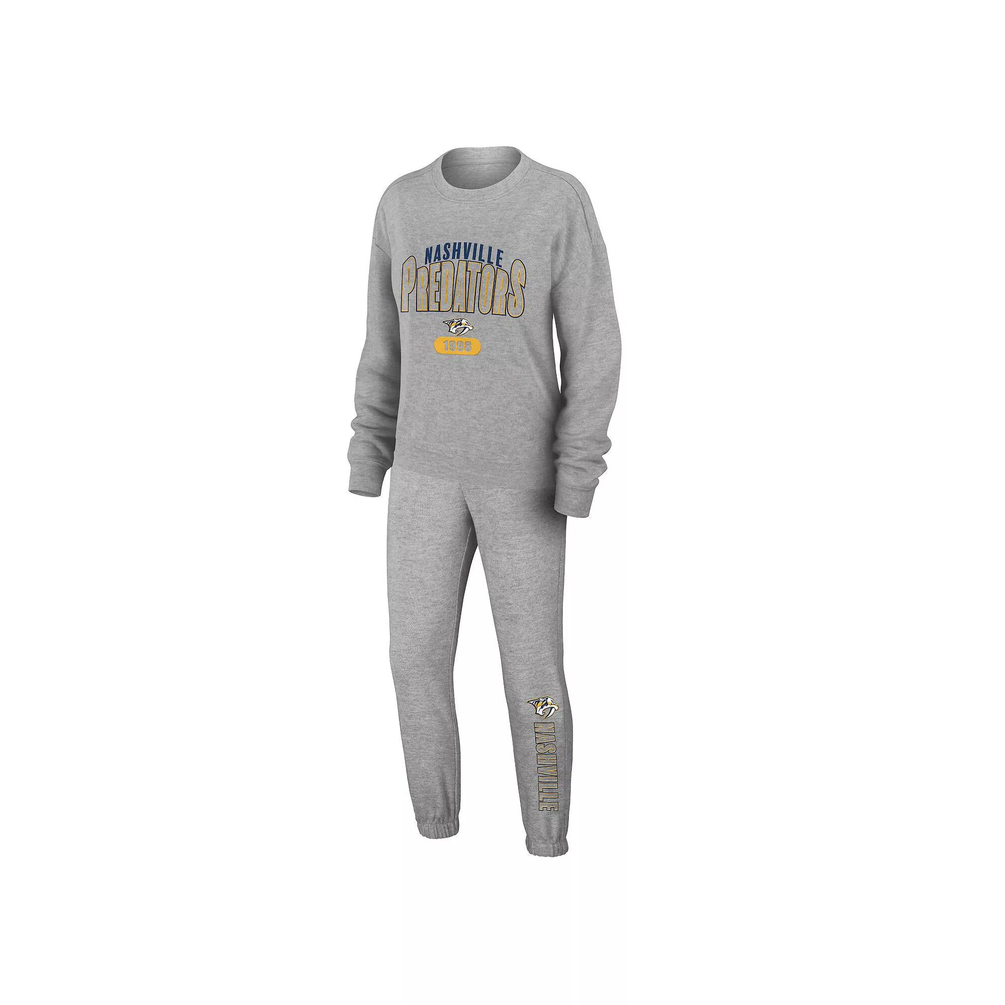 Women's WEAR by Erin Andrews Heather Gray Nashville Predators Knit Long Sleeve Tri-Blend T-Shirt & Pants Sleep Set,  Product Image
