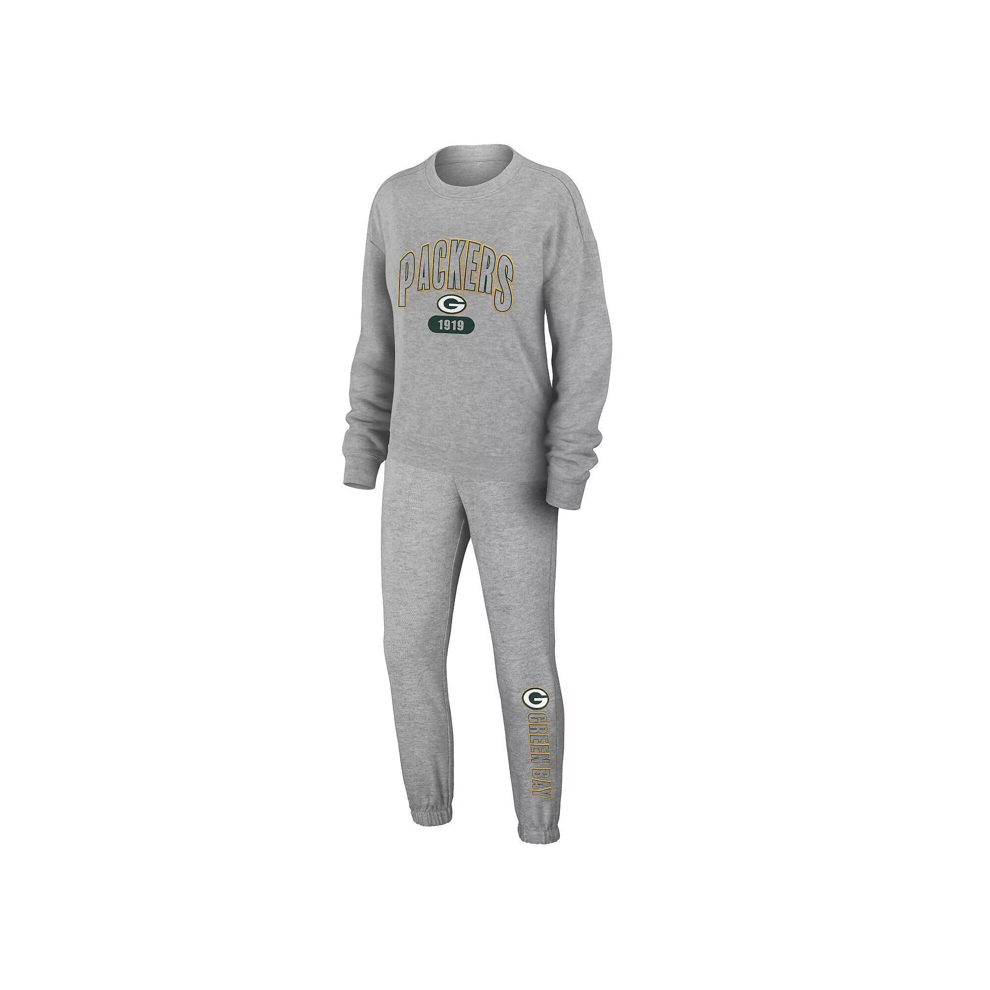 Womens WEAR by Erin Andrews Heather Gray Green Bay Packers Knit Long Sleeve Tri-Blend T-Shirt & Pants Sleep Set Product Image