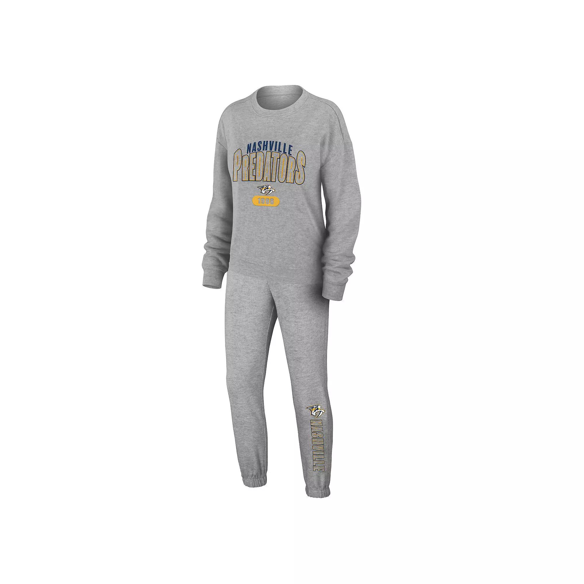 Women's WEAR by Erin Andrews Heather Gray Nashville Predators Knit Long Sleeve Tri-Blend T-Shirt & Pants Sleep Set,  Product Image