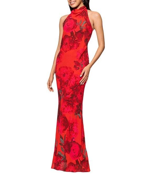 Betsy & Adam Chiffon Floral Print Halter Cowl Neck Sleeveless Sheath Gown Product Image