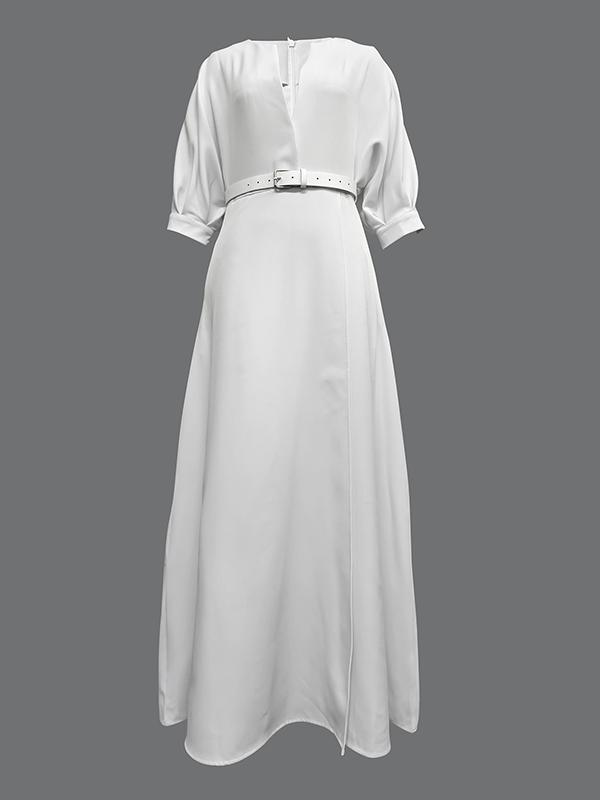 Half Sleeves Loose Belted Solid Color Deep V-Neck Maxi Dresses Product Image