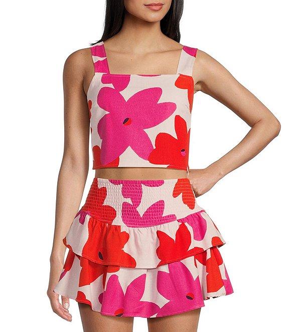 GB Floral Printed Linen Blend Coordinating Crop Top Product Image
