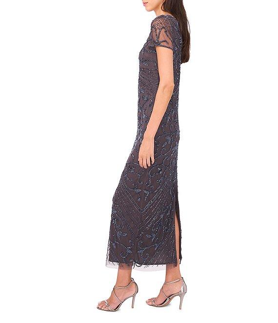 Pisarro Nights V-Neck Short Sheer Sleeve Back Slit Beaded Sheath Dress Product Image