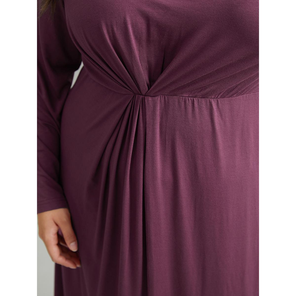 Plus Size Solid Twist Front Gathered Split Hem Dress Mauve Women Office Plain Asymmetrical Neck Long Sleeve Curvy Midi Dress BloomChic 26/4X Product Image