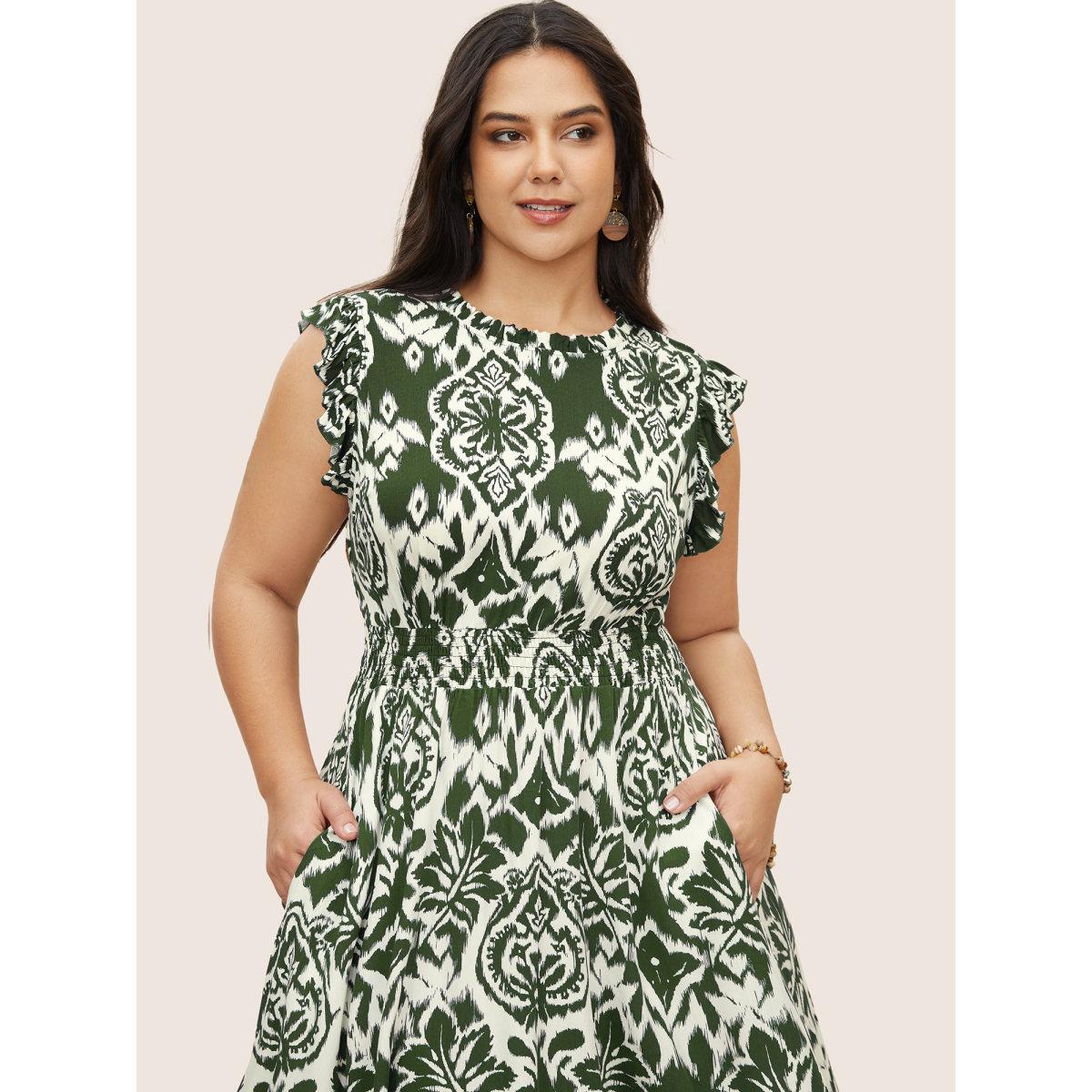 Plus Size Boho Print Mock Neck Shirred Ruffle Cap Sleeve Dress Moss Women Resort Shirred Mock Neck Cap Sleeve Curvy Midi Dress BloomChic 26/4X Product Image