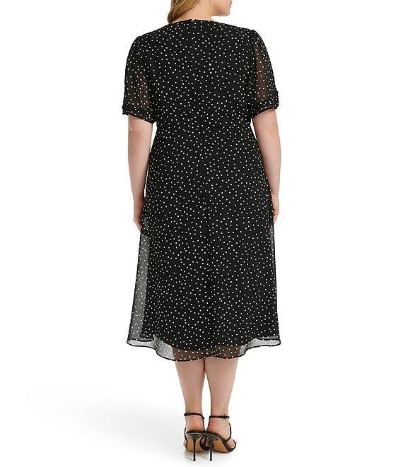 DKNY by Donna Karan Plus Size Short Ruched Sleeve V-Neck Polka Dot Chiffon Midi Dress Product Image