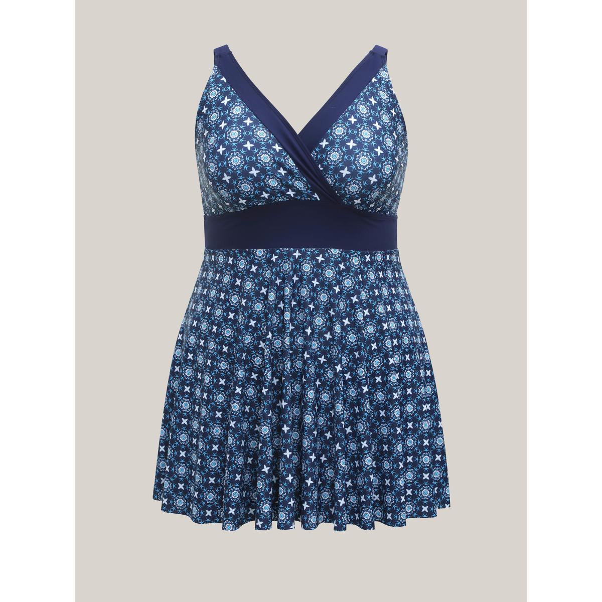 Plus Size Boho Print Spliced Surplice Neck Swim Dress Women's Swimwear Indigo Beach Bodycon Overlap Collar High stretch Curve Swim Dresses BloomChic 12/L Product Image