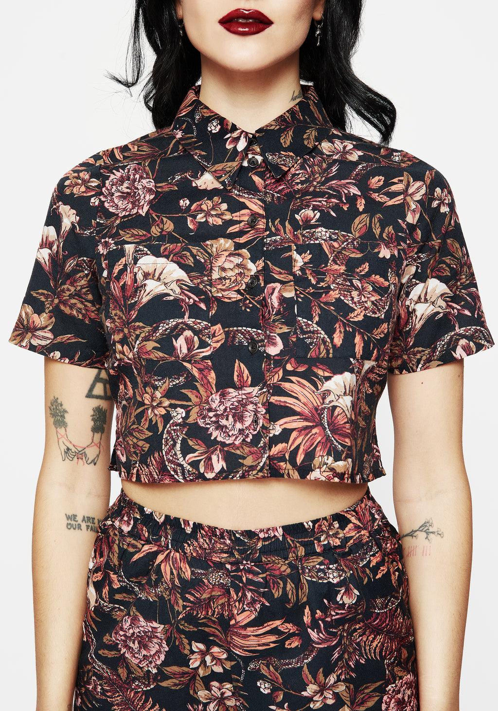 Bashe Cotton Floral Snake Print Short Sleeve Shirt Product Image