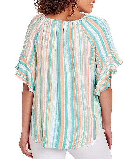 Ruby Rd. Woven Stripe Keyhole Neck Embroidery Short Flounce Sleeve Tie Top Product Image