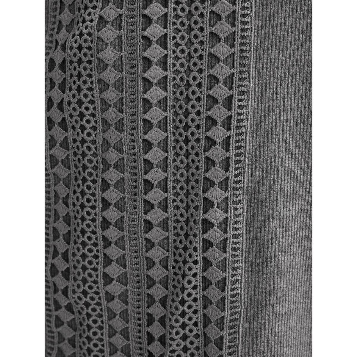 Plus Size Solid V Neck Crochet Lace Rib Knit Long Tee Gray Women Elegant Patchwork Plain V-neck Dailywear T-shirts BloomChic 10/M Product Image