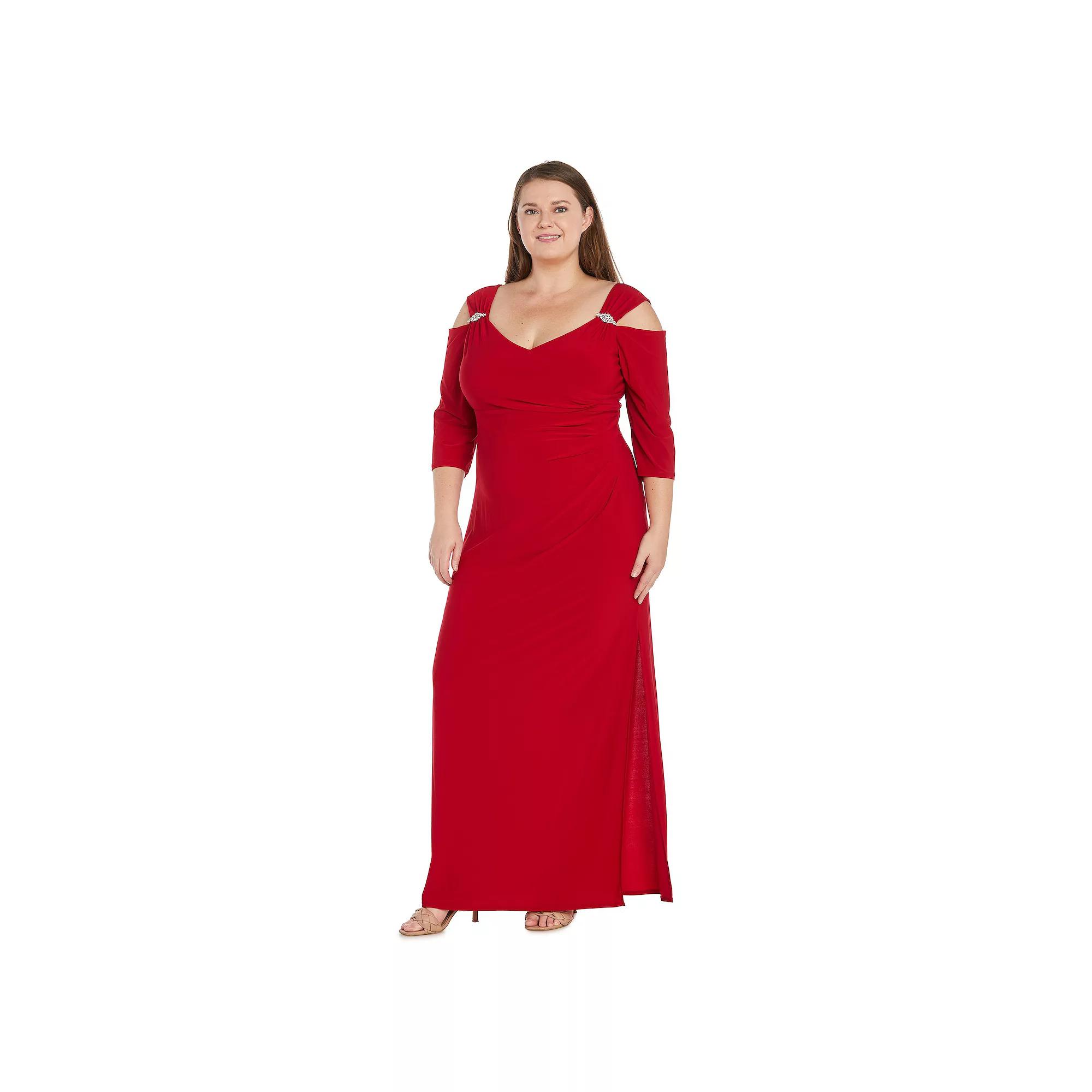 Plus Size R&M Richards Empire Waist Side Slit Cold Shoulder Sleeve Maxi Dress, Women's, Size: 14 W, Red Product Image