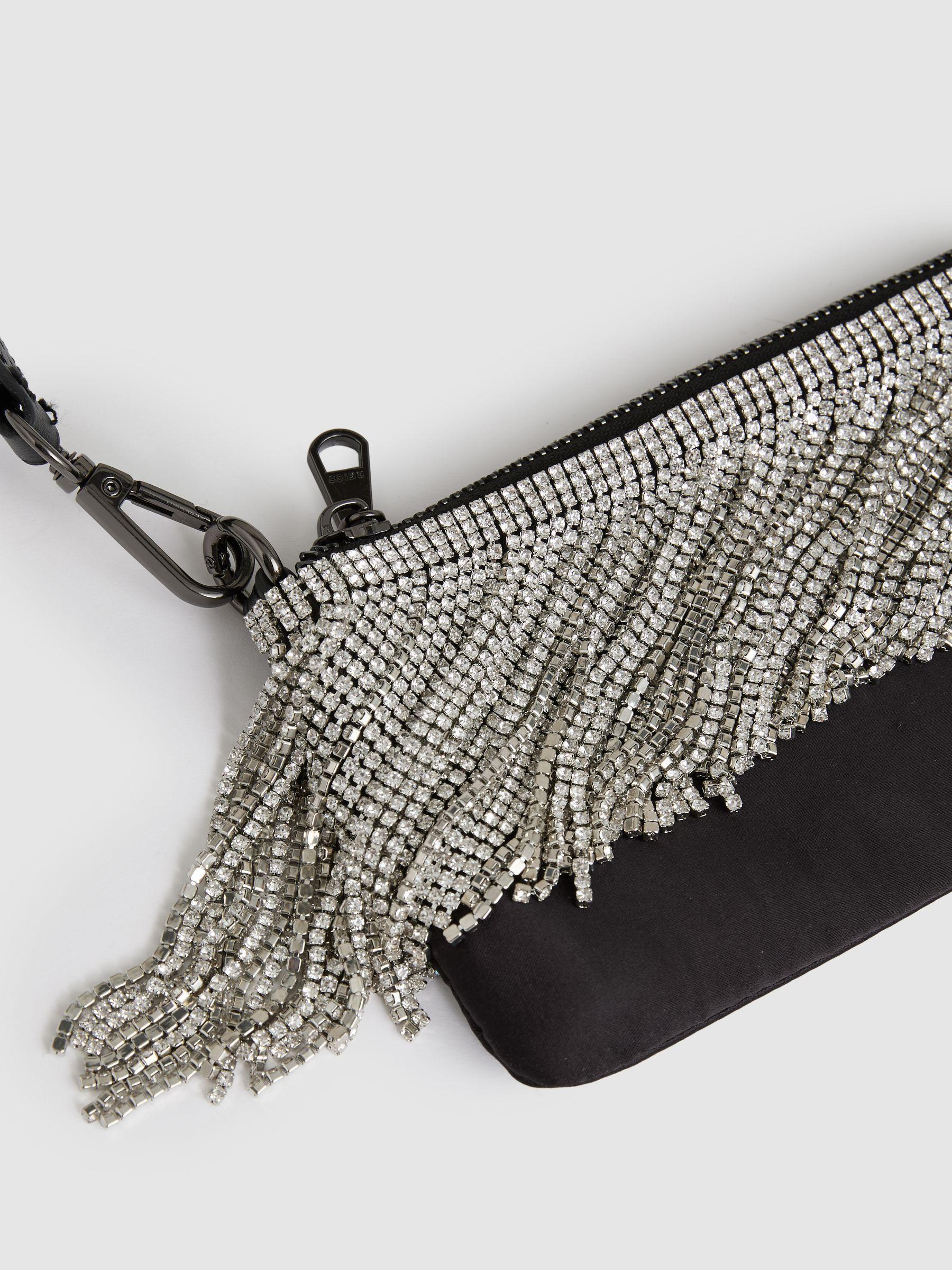 Satin Crystal Fringe Mini Shoulder Bag in Silver Product Image