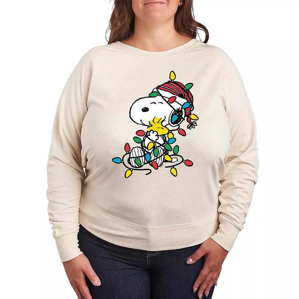Women's Peanuts Snoopy & Woodstock Christmas Lights French Terry Long Sleeve Tee,  Product Image