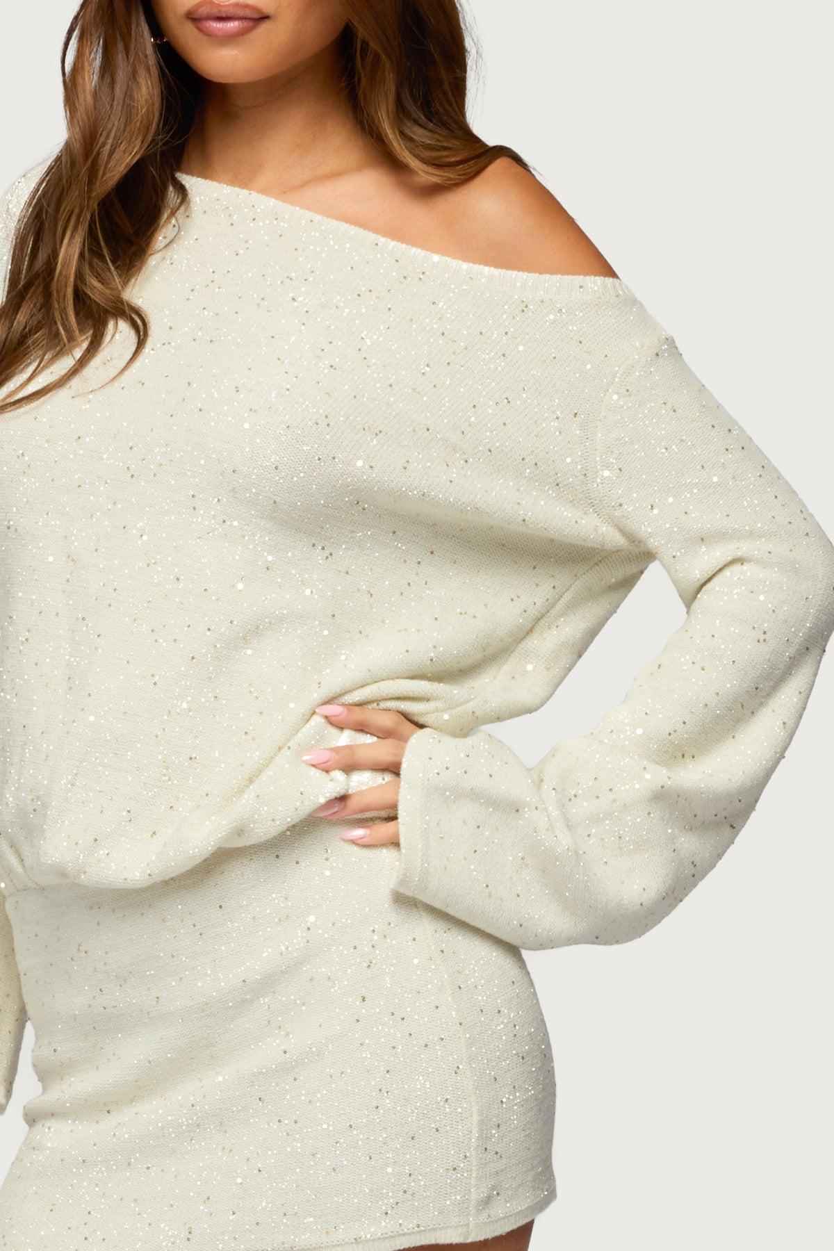 Off Shoulder Sequin Knit Mini Dress Product Image