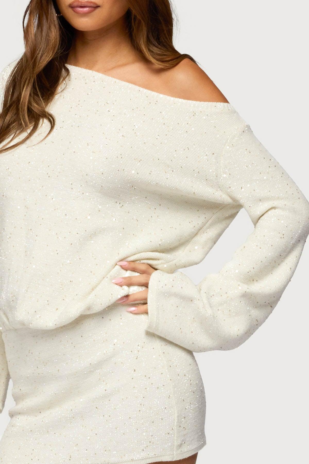 Off Shoulder Sequin Knit Mini Dress Product Image