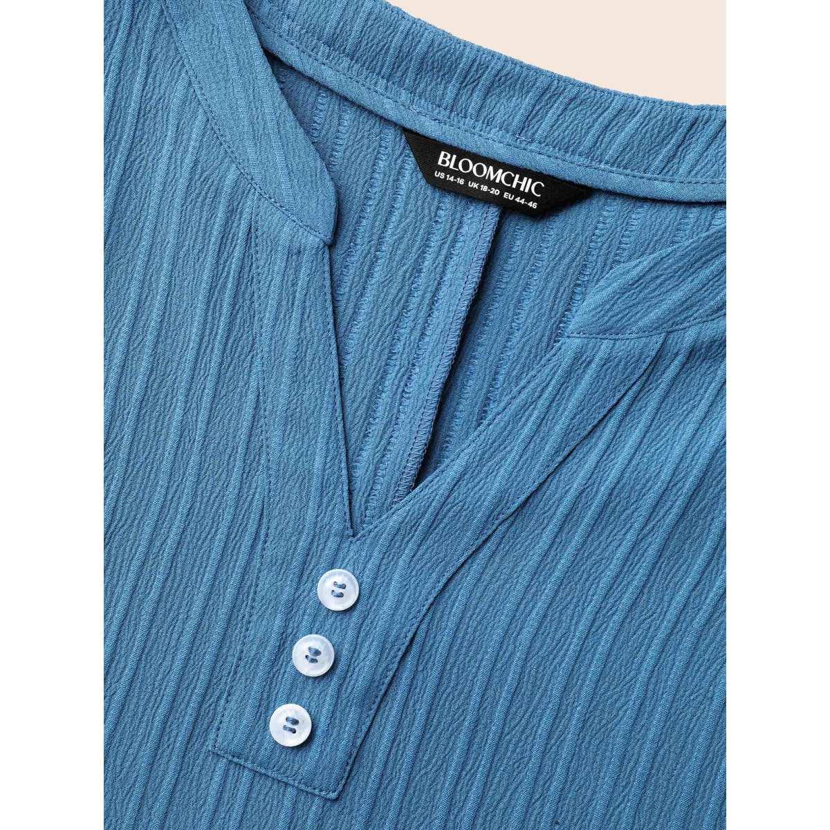 Plus Size Cerulean Notched Collar Textured Button Blouse Women Elegant Short sleeve V-neck Everyday Blouses BloomChic 12/L Product Image