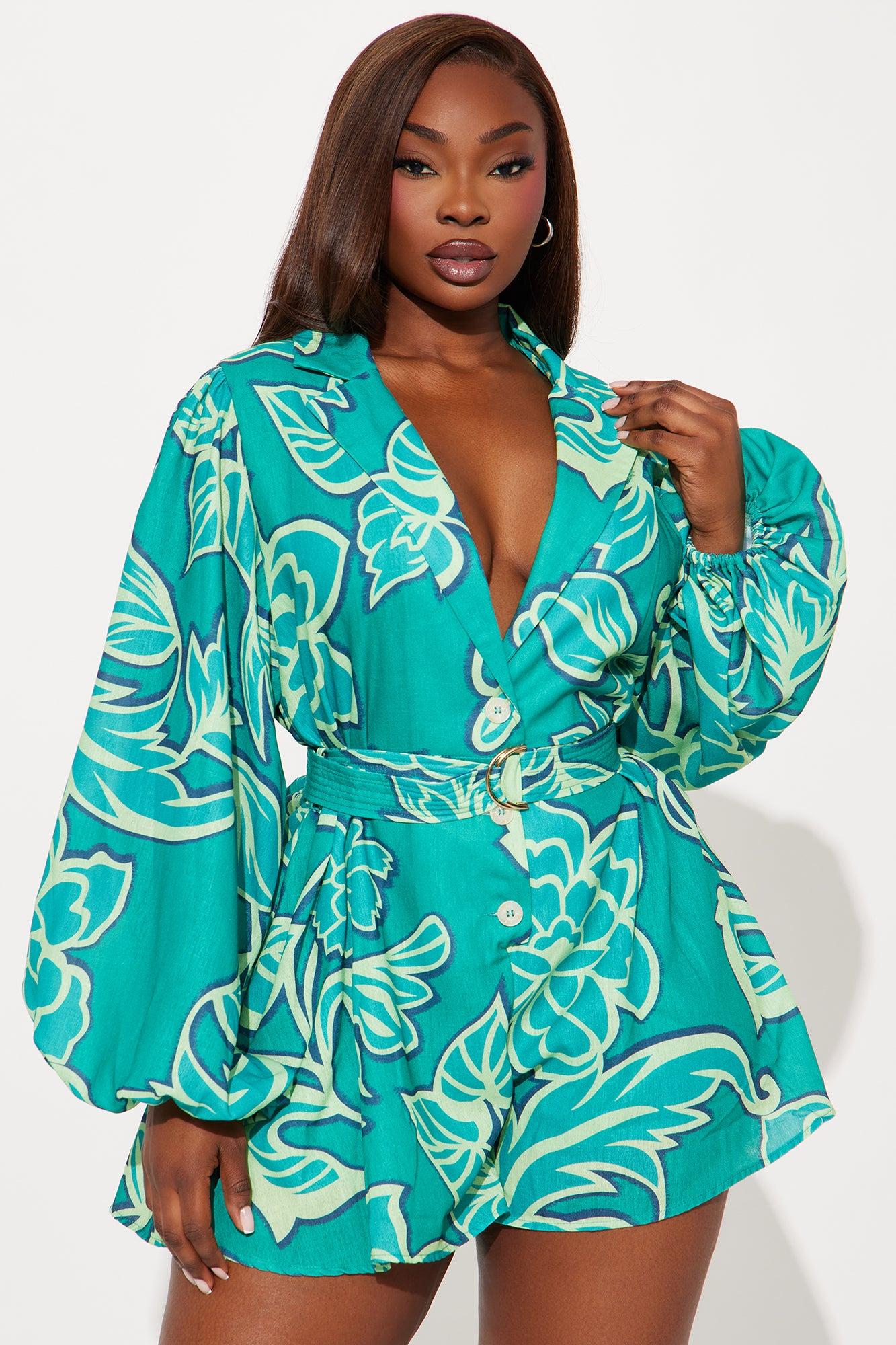 Far Away Belted Romper - Green/combo Product Image