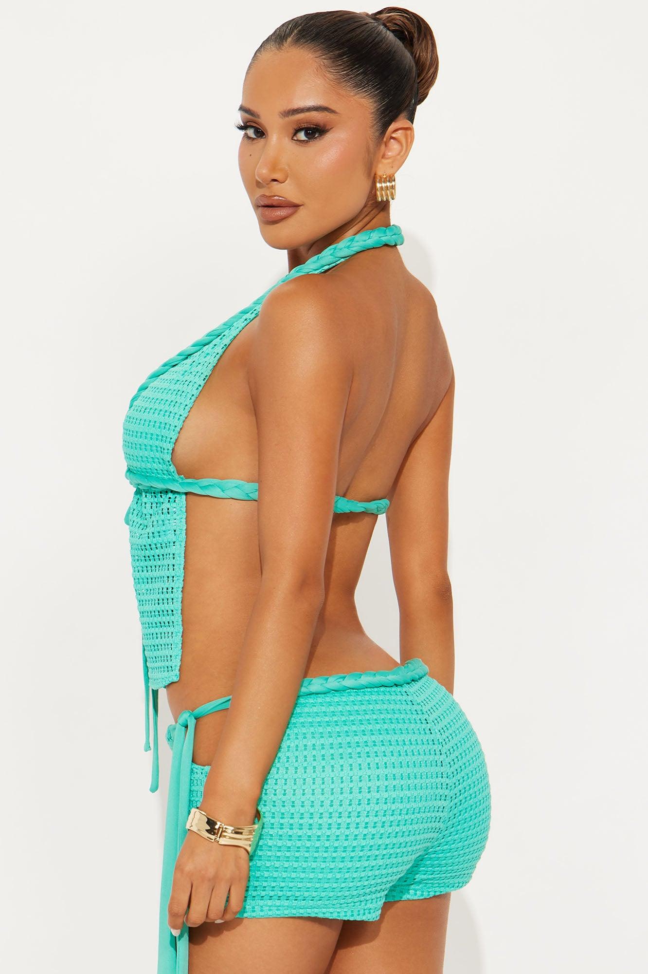 Tropical Ties Crochet Halter Short Set - Aqua Female Product Image