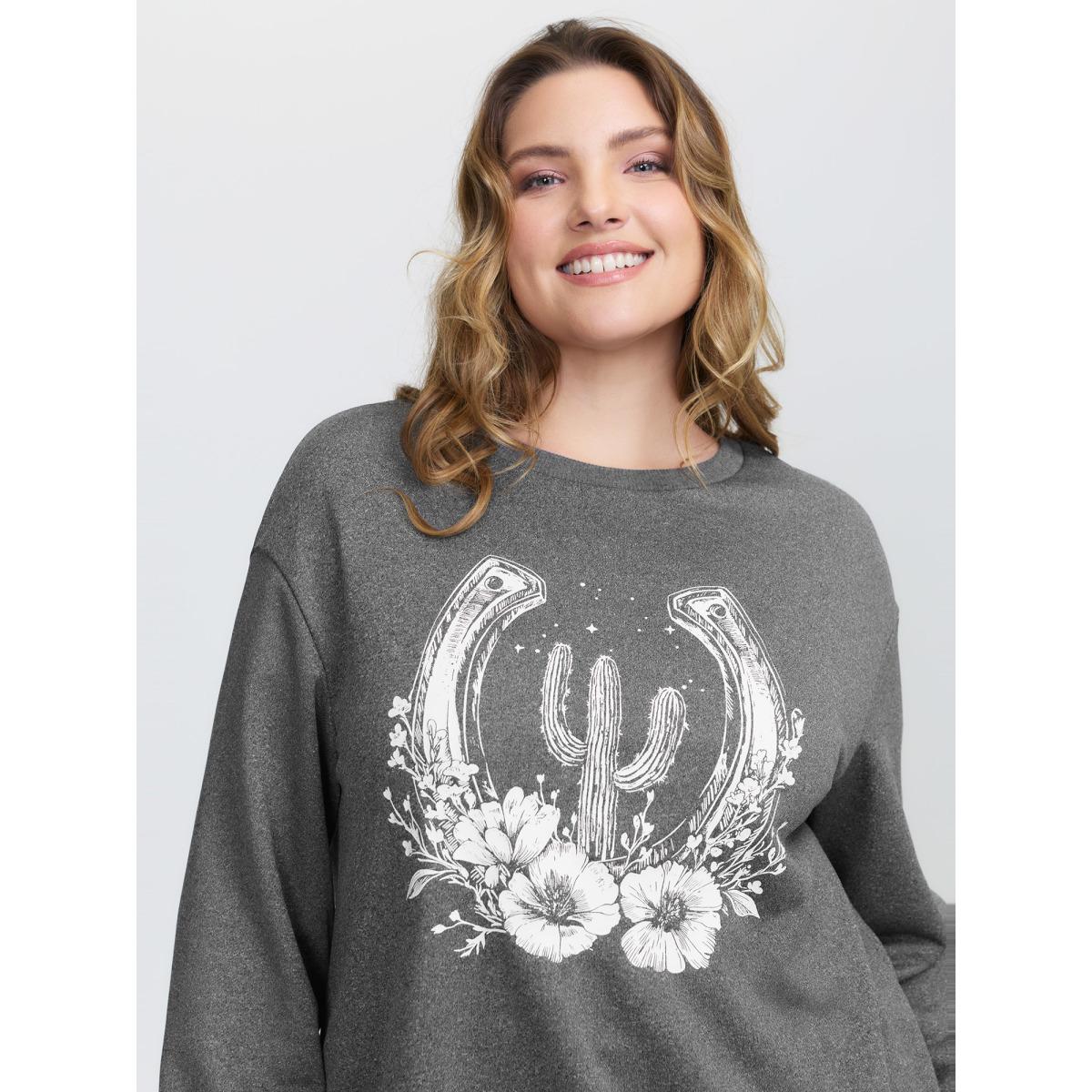 Plus Size Floral Cactus Drop Shoulder Sweatshirt Women DarkGray Leisure Texture Round Neck Casual Sweatshirts BloomChic 22-24/3X Product Image