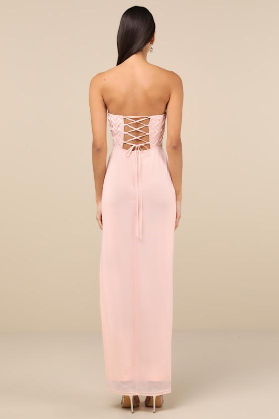 Stunning Concept Light Pink Mesh Rhinestone Strapless Maxi Dress Product Image