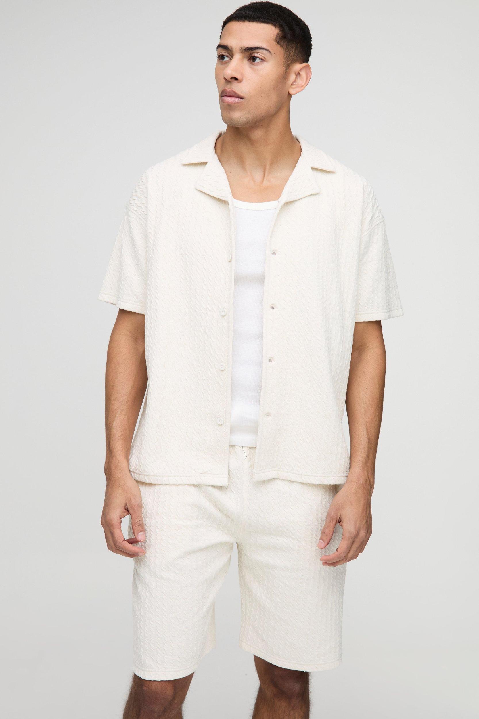 Textured Stripe Jacquard Shirt & Short Set | boohooMAN USA Product Image